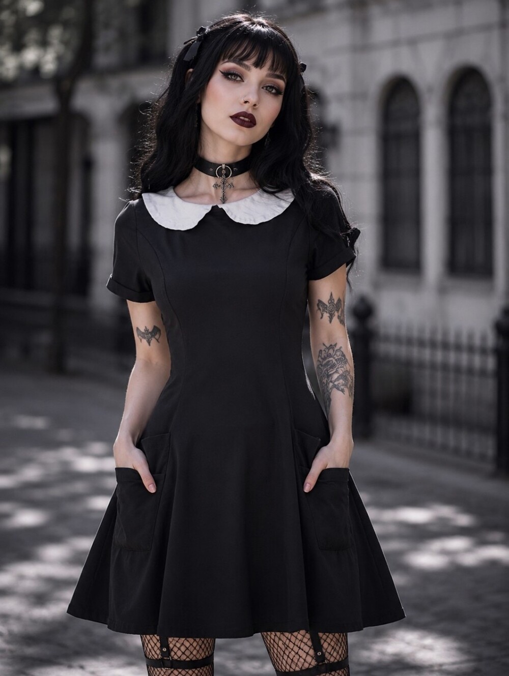 Unique Vintage Black Mini Dress with White Peter Pan Collar